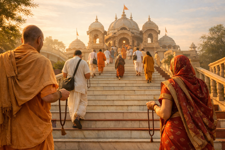 Devotees ascending the 108 steps at an ISKCON temple