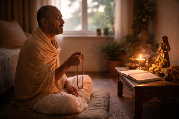 A devotee chanting alone at home